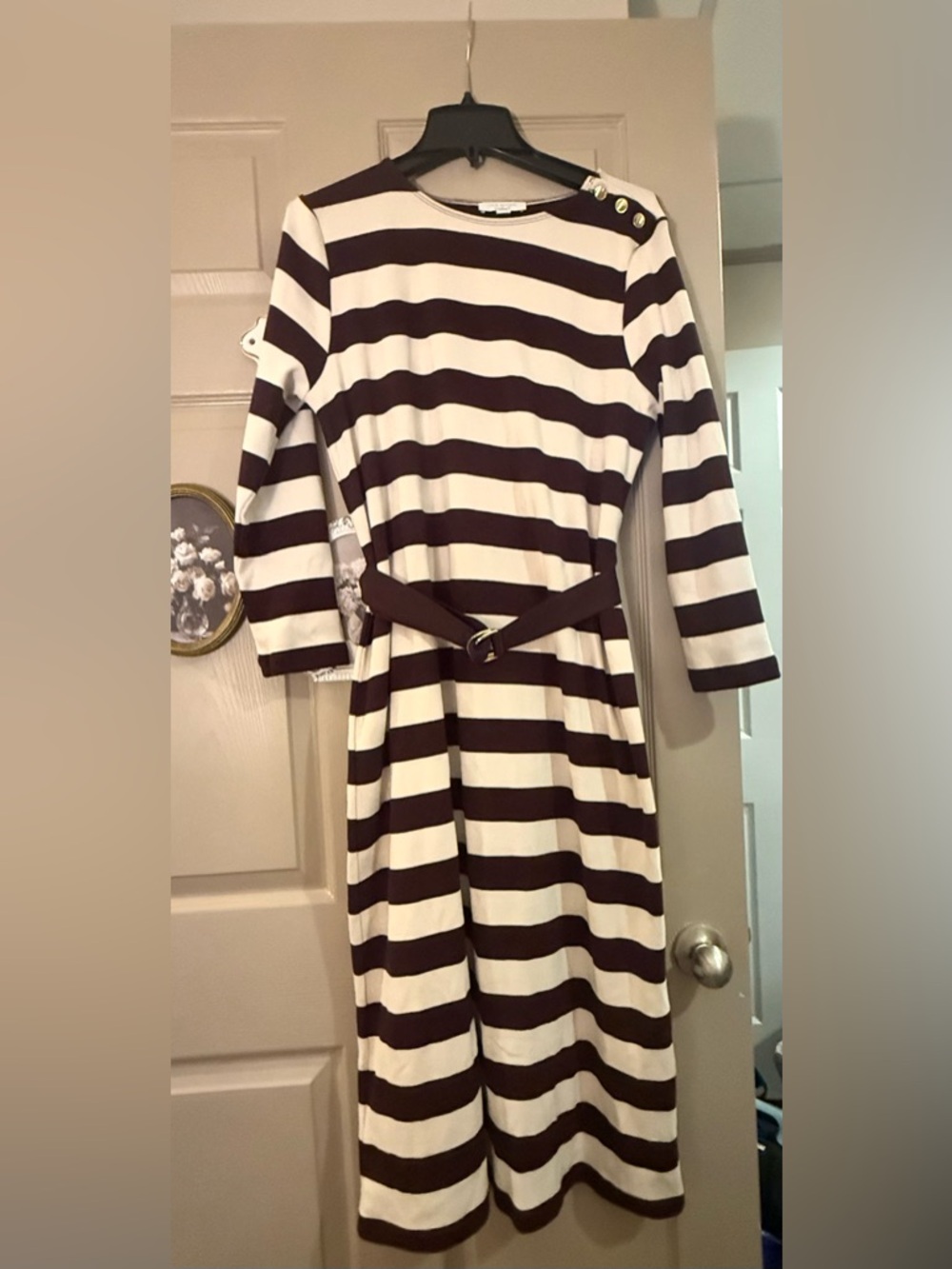 NWT Ann Taylor Striped Belted knit Midi Dress in Cream and Burgundy. Sz LP